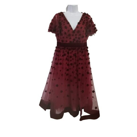 Mac Duggal Floral Applique Midi Cocktail Dress in Maroon - Picture 2 of 16